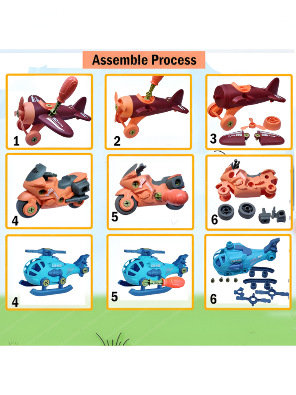 Wheels DIY Assembly Toy Vehicle Set – Helicopter, Airplane & Motorcycle with Screwdriver LMI14896.