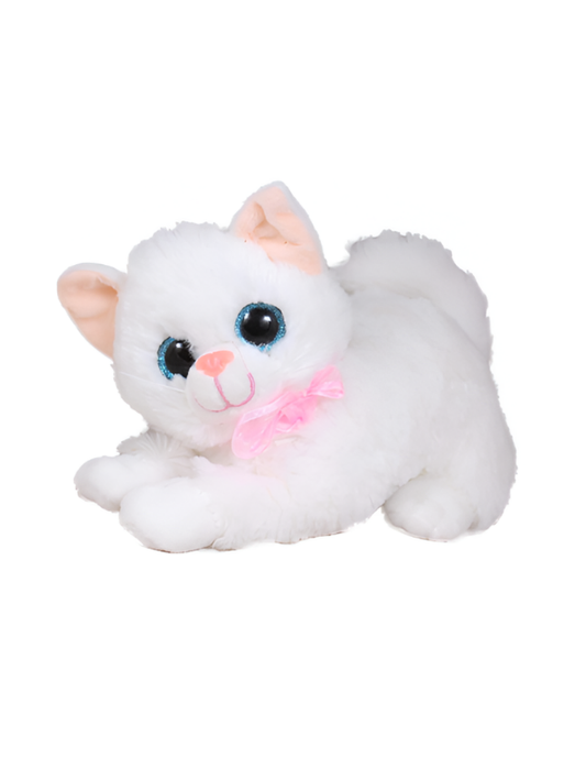 White Plush Cat Toy 20cm – Cute Sitting Kitten with Pink Ribbon ST15636.