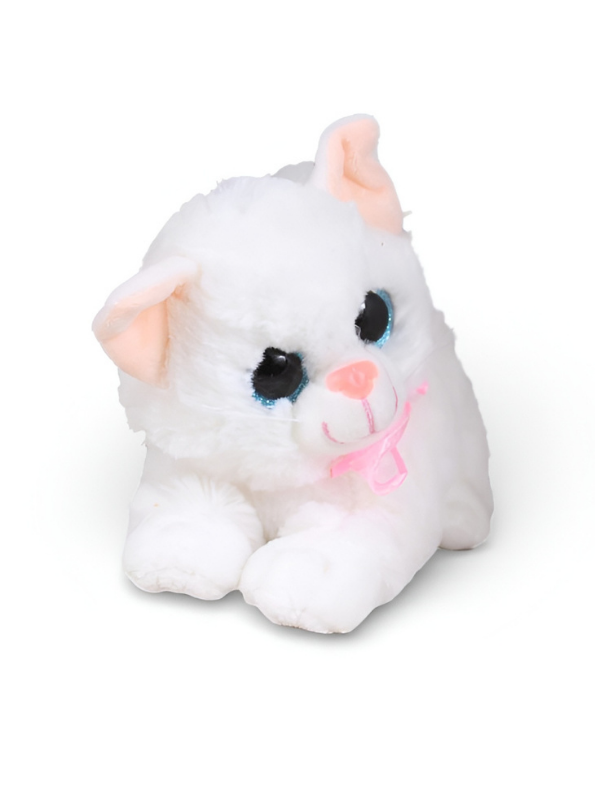 White Plush Cat Toy 20cm – Cute Sitting Kitten with Pink Ribbon ST15636.