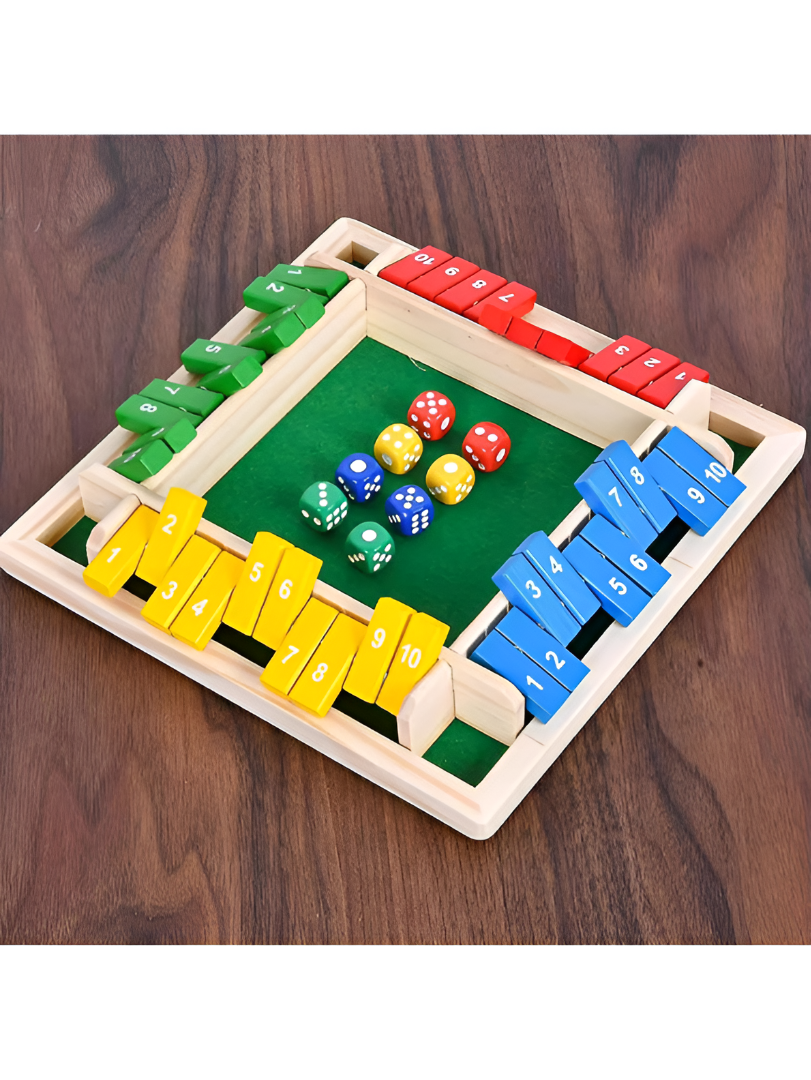 Wooden 4-Way Shut The Box Game - 4 Player Classic Dice Board Game for Family & Parties TV5362
