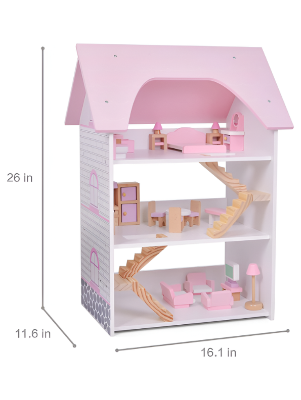Wooden Dollhouse with Furniture Included - 3 Story Pink Pretend Play Castle Playset MD682