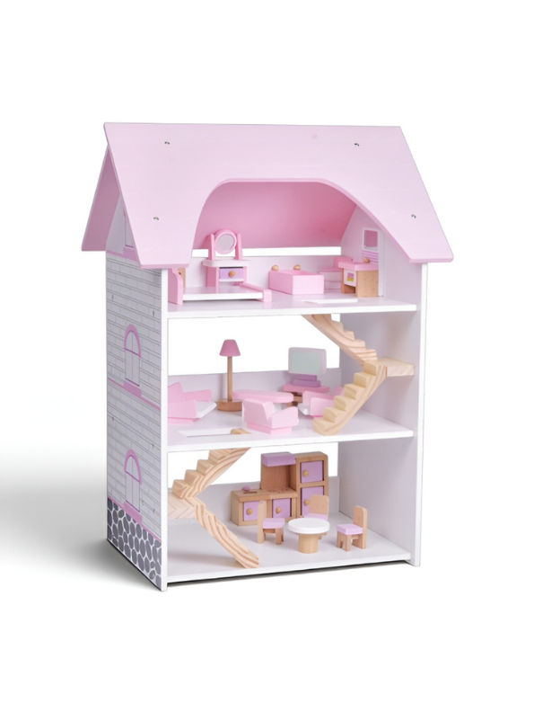 Wooden Dollhouse with Furniture Included - 3 Story Pink Pretend Play Castle Playset MD682