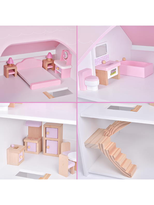 Wooden Dollhouse with Furniture Included - 3 Story Pink Pretend Play Castle Playset MD682