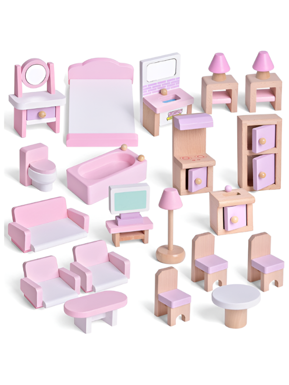 Wooden Dollhouse with Furniture Included - 3 Story Pink Pretend Play Castle Playset MD682