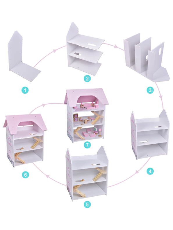 Wooden Dollhouse with Furniture Included - 3 Story Pink Pretend Play Castle Playset MD682