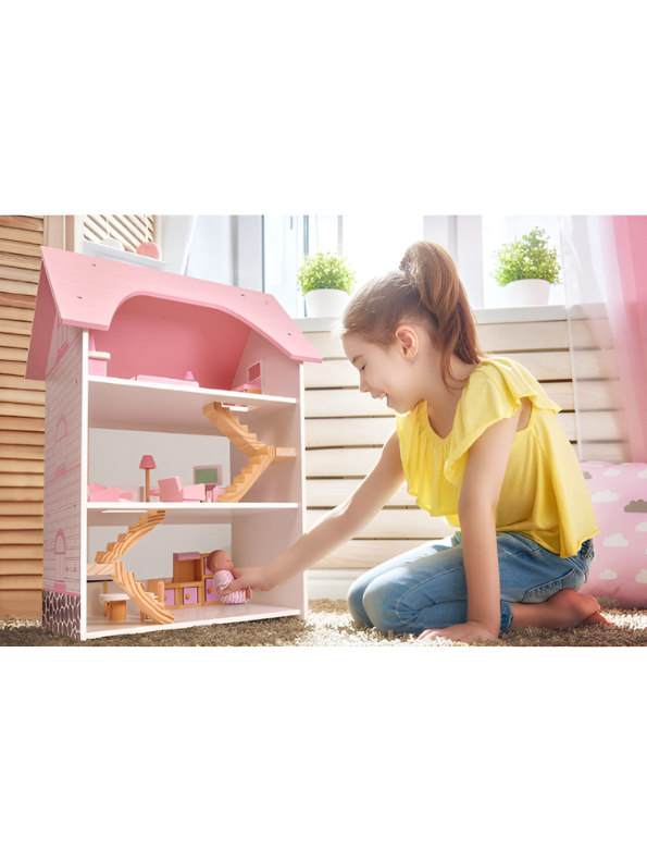 Wooden Dollhouse with Furniture Included - 3 Story Pink Pretend Play Castle Playset MD682