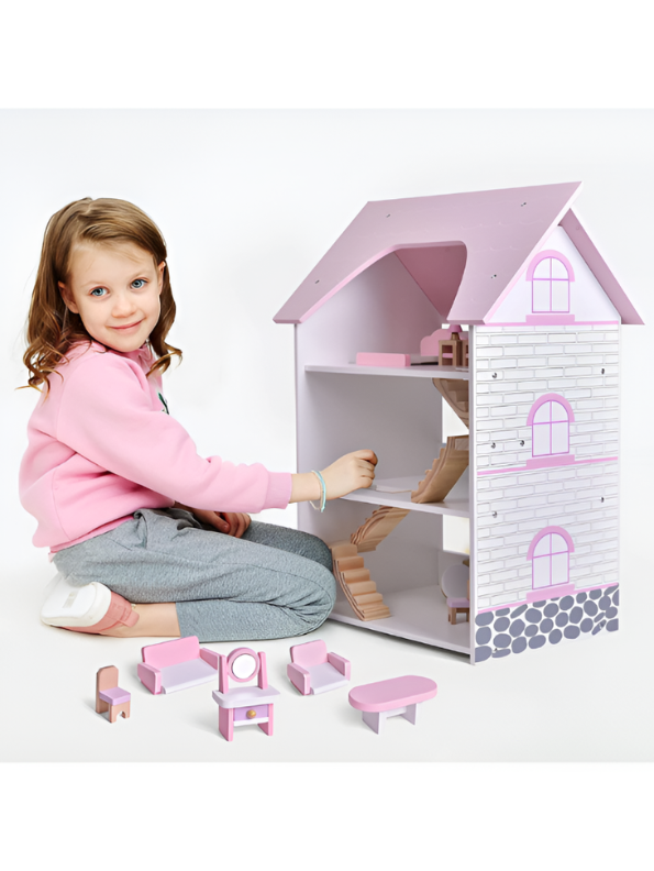 Wooden Dollhouse with Furniture Included - 3 Story Pink Pretend Play Castle Playset MD682