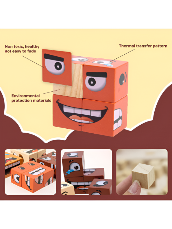 Wooden Face-Changing Expression Blocks Game | Interactive Montessori Educational Puzzle Toy for Kids TV5369