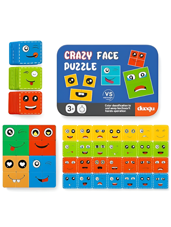 Wooden Face Changing Expression Puzzle Game | Montessori Emoji Pattern Matching Blocks Toy with Challenge Cards & Tin Box for Toddlers TV5152