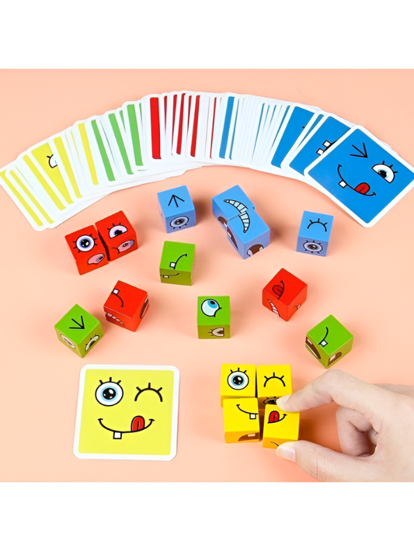 Wooden Face Changing Expression Puzzle Game | Montessori Emoji Pattern Matching Blocks Toy with Challenge Cards & Tin Box for Toddlers TV5152