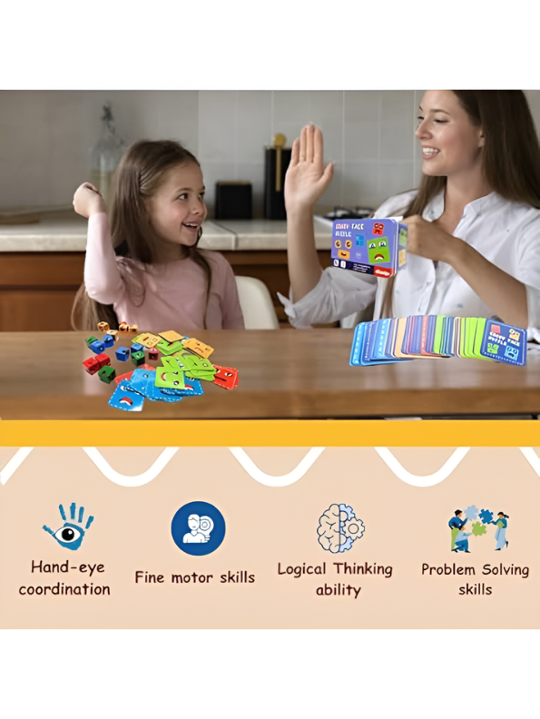 Wooden Face Changing Expression Puzzle Game | Montessori Emoji Pattern Matching Blocks Toy with Challenge Cards & Tin Box for Toddlers TV5152