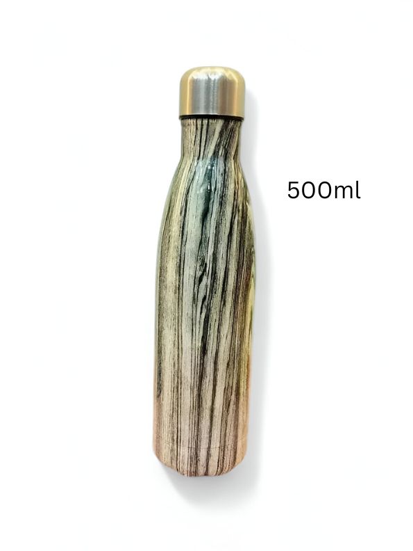 Grey - Wooden Finish Cap Bottle 500ml – Stainless Steel Water Bottle for Office, Travel & Gym | Leak-Proof & Eco-Friendly NOV8145.