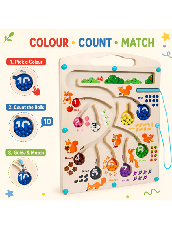 Wooden Magnetic Color & Number Maze – Fine Motor Counting Activity Board for Toddlers MD661