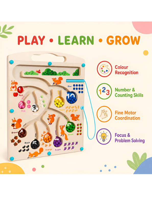 Wooden Magnetic Color & Number Maze – Fine Motor Counting Activity Board for Toddlers MD661