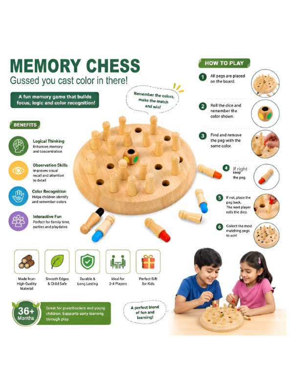 Wooden Memory Chess Board Game | Montessori Color Recognition Toy for Toddlers MD489