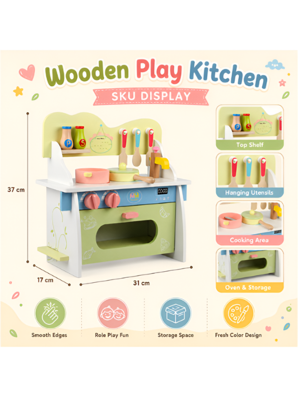 Wooden Play Kitchen Set for Kids – Green Pretend Cooking Toy with Food & Utensil Accessories Kids MD684