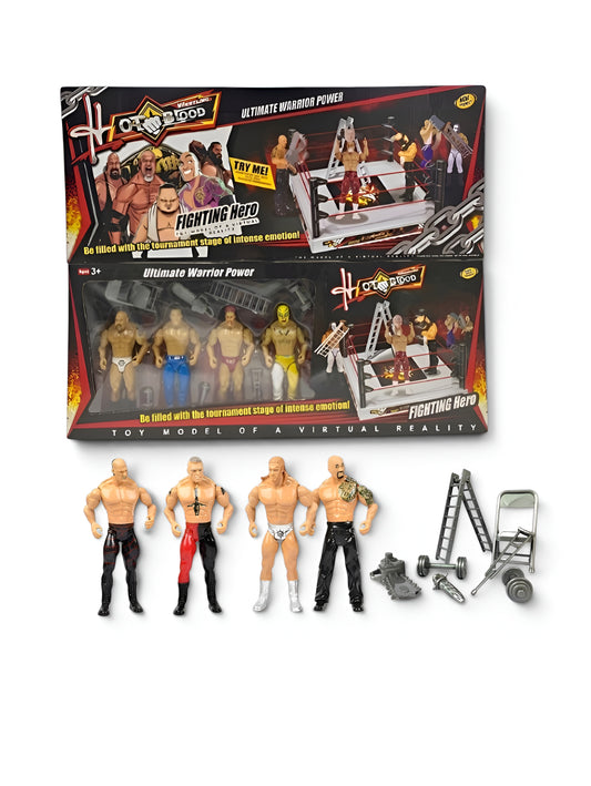 Wrestling Ring Toy Playset with 4 Articulated Action Figures – Includes Mini Toy Ladder, Barbells, Chainsaw, and Crutch Accessories – Fighting Hero Tournament Stage Play TV789