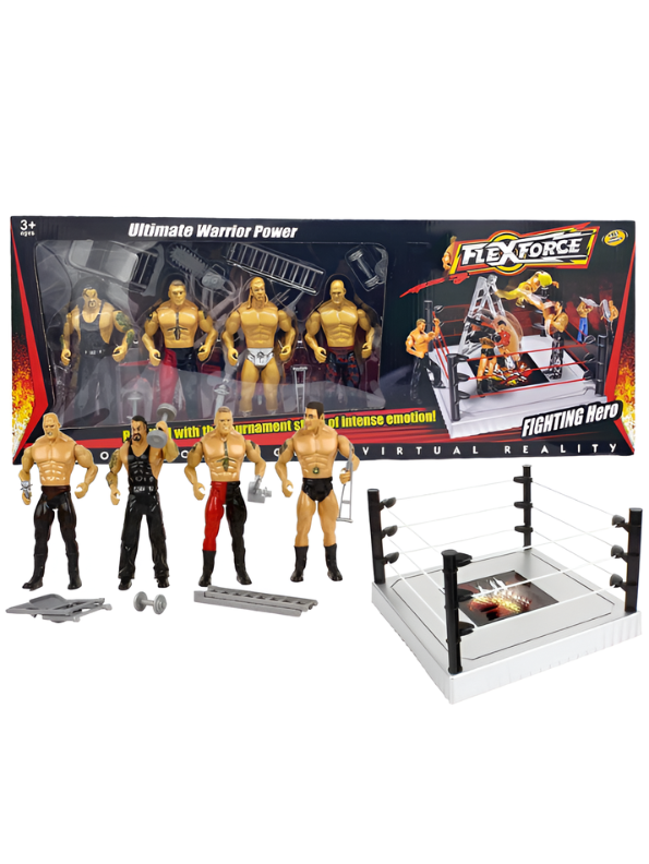 Wrestling Ring Toy Playset with 4 Articulated Action Figures – Includes Mini Toy Ladder, Barbells, Chainsaw, and Crutch Accessories – Fighting Hero Tournament Stage Play TV789