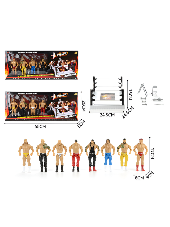 Wrestling Ring Toy Playset with 4 Articulated Action Figures – Includes Mini Toy Ladder, Barbells, Chainsaw, and Crutch Accessories – Fighting Hero Tournament Stage Play TV789