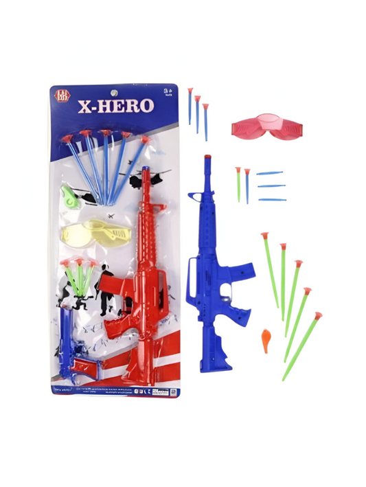 X-HERO 3-Piece Kids Toy Gun Set – Tactical Pistol and Rifle Blasters with Suction Darts, Goggles and Whistles LMI7534.