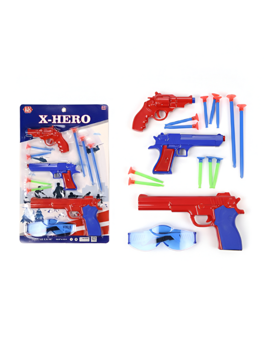 X-Hero 3-Piece Toy Pistol and Revolver Set with Suction Darts, Safety Goggles, and 3 Toy Guns for Kids LMI7599.
