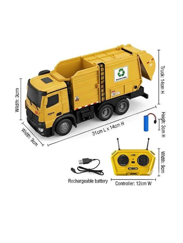 Yellow Remote Control Garbage Truck –  2.4GHz RC Sanitation Truck with Lights & Rechargeable Battery TV5680.