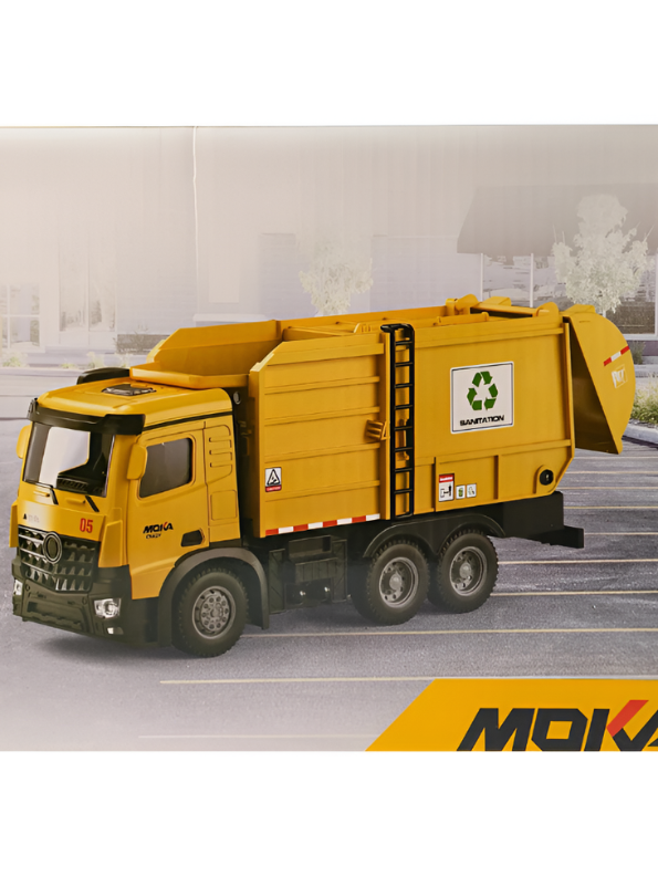 Yellow Remote Control Garbage Truck –  2.4GHz RC Sanitation Truck with Lights & Rechargeable Battery TV5680.