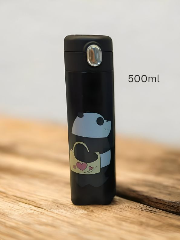 Black - Zoopy – Cute Print Kids Water Bottle 500ml Stainless Steel with Push Button Lid | Leak-Proof & BPA-Free NOV7104.