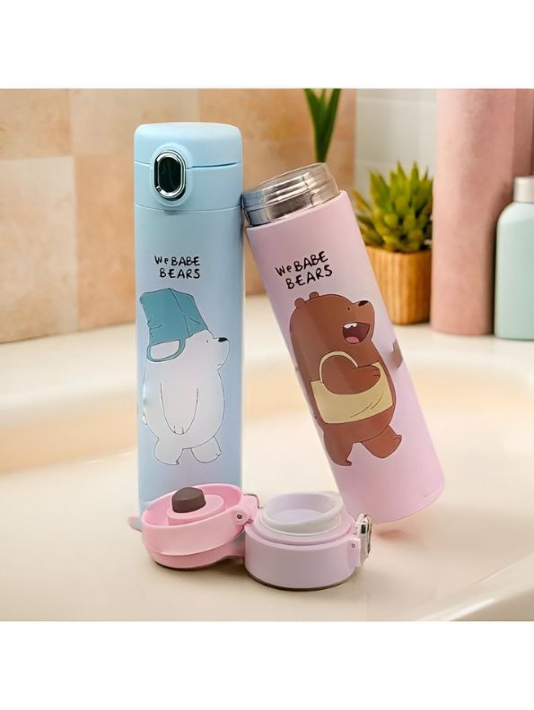 Pink - Zoopy – Cute Print Kids Water Bottle 500ml Stainless Steel with Push Button Lid | Leak-Proof & BPA-Free NOV7104.
