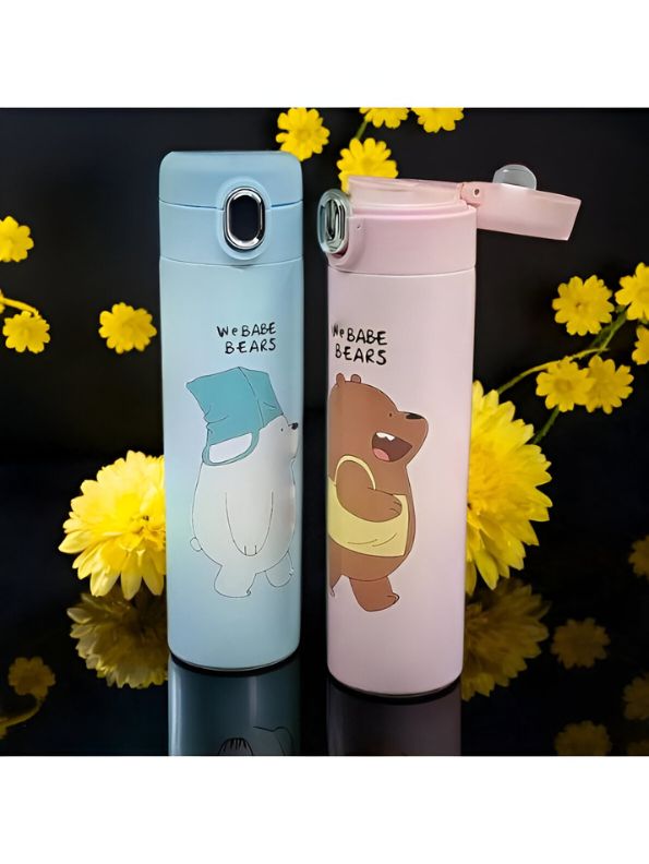 Pink - Zoopy – Cute Print Kids Water Bottle 500ml Stainless Steel with Push Button Lid | Leak-Proof & BPA-Free NOV7104.
