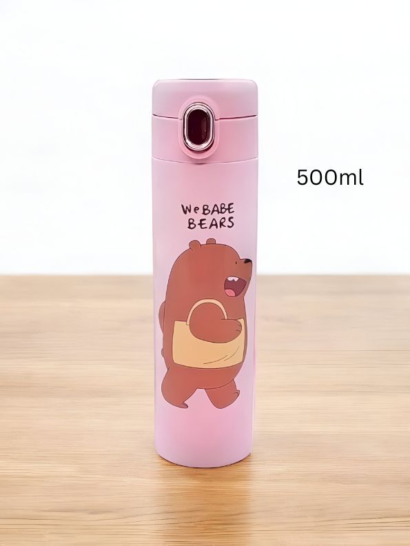 Pink - Zoopy – Cute Print Kids Water Bottle 500ml Stainless Steel with Push Button Lid | Leak-Proof & BPA-Free NOV7104.