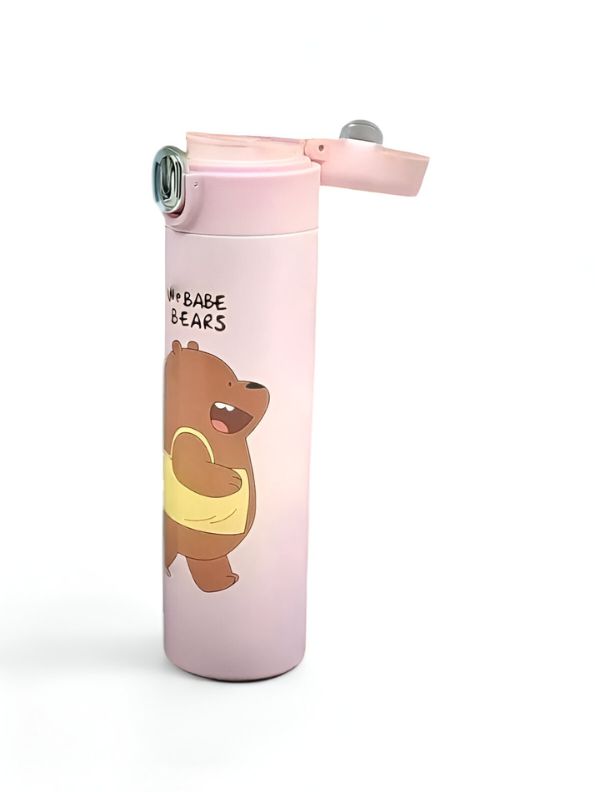 Pink - Zoopy – Cute Print Kids Water Bottle 500ml Stainless Steel with Push Button Lid | Leak-Proof & BPA-Free NOV7104.