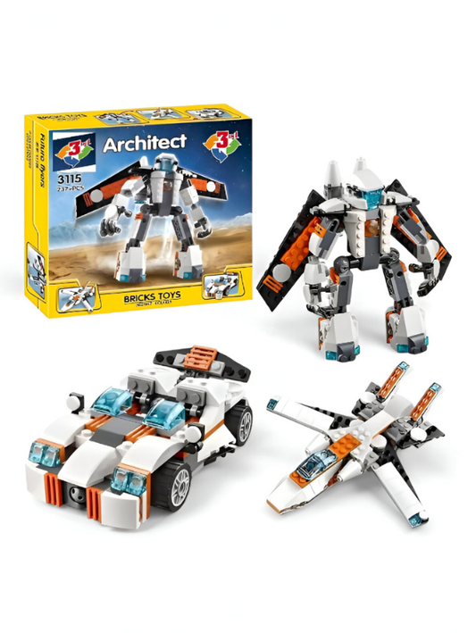 3-in-1 Future Flyers Building Block Set - 237 PCS ARCHITECT Robot, Jet, & Car LEGO Set - STEM Transformer Toy TV875