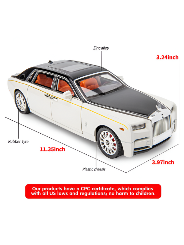 White & Black Rolls-Royce Phantom Diecast Model Car 1:18 Scale | Luxury Sedan Toy with Lights & Sound LMI15603