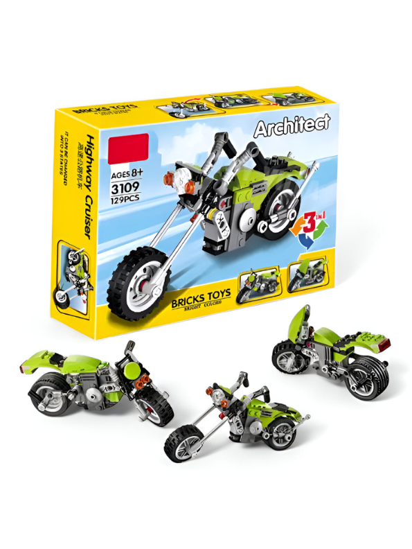 3-in-1 Highway Cruiser Motorcycle Building Block Set - 129 PCS ARCHITECT Chopper LEGO Set - Vehicle Model Toy for Ages 8+ TV867