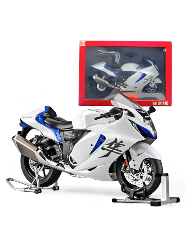 Suzuki Hayabusa GSX 1/6 Diecast Bike – Spray Feather, Collector’s Stand & Key Replica - White TV5904.