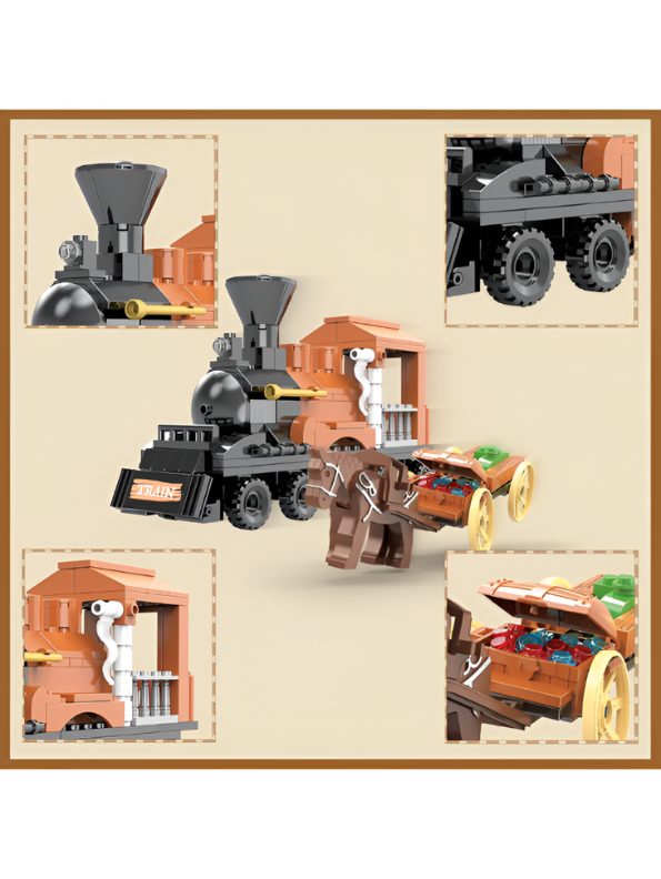 3-in-1 Western Gold Digger Building Block Set - 212 PCS Steam Train & Horse Wagon LEGO Set - COGO Cowboy Toy TV5632