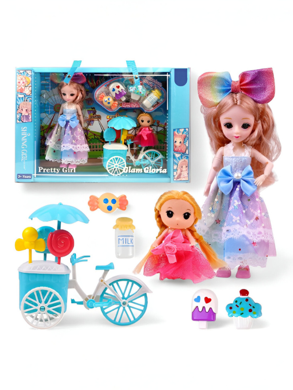 Shining Girl Pretty Doll Set with Ice Cream Cart, Mini Doll & Sweet Accessories - Fun Role Play Gift NX13115
