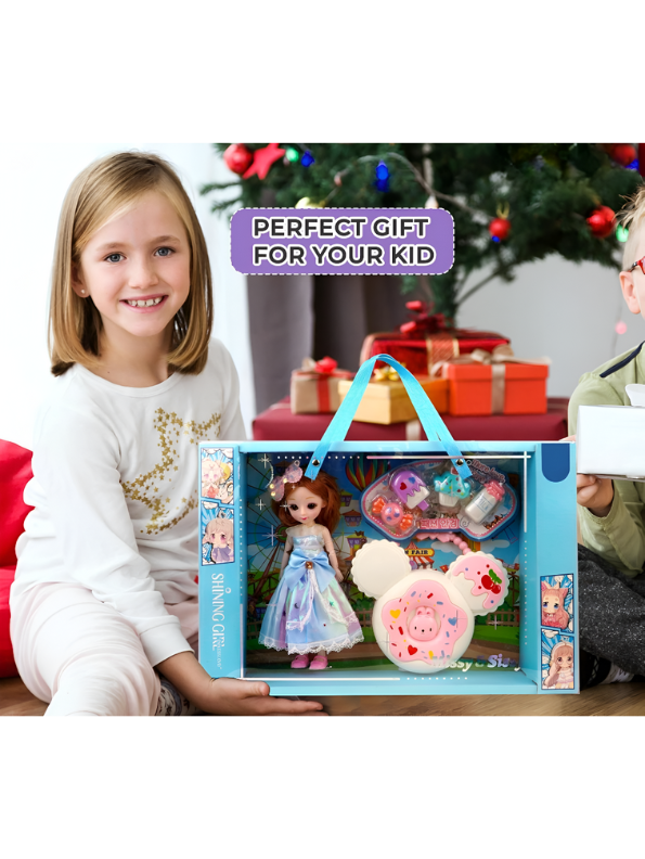 Shining Girl Mini Fashion Doll Set with Donut Purse, Sweet Dress & Accessory Charms - Collectible Gift for Kids NX13114