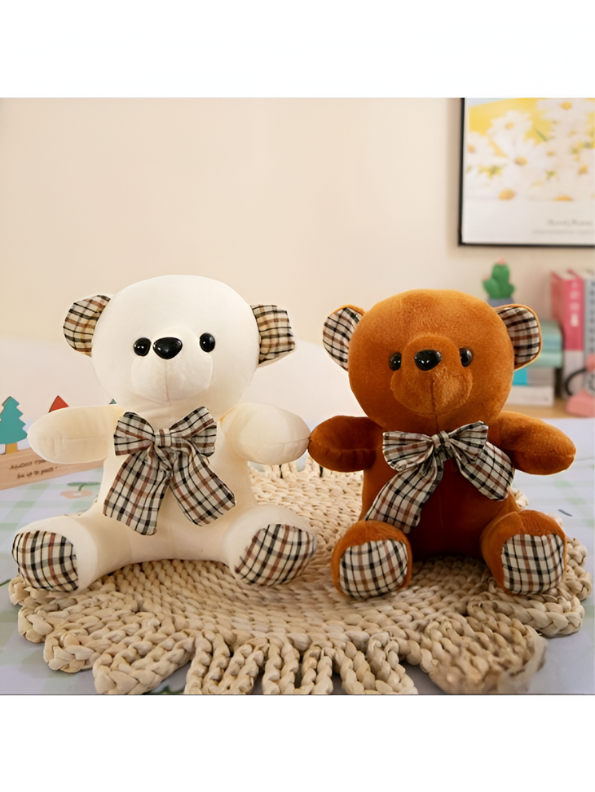 White - Soft & Cuddly Teddy Bear with Plaid Bow - Perfect Gift for Kids (7 Inch) LMI11912