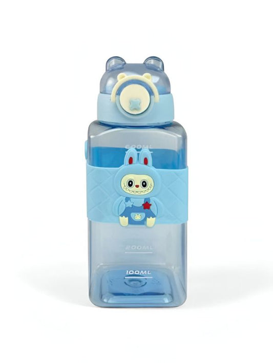 Labubu Inspired Kids' Water Bottle - Blue Square Shape with Cute Bunny Character & Bear Ears Lid  NOVHBC-1881346