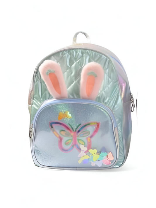 Cute Holographic Blue Bunny Ears Backpack for Girls | Quilted Glitter Butterfly Mini School Bag (NOV-GBT50093)