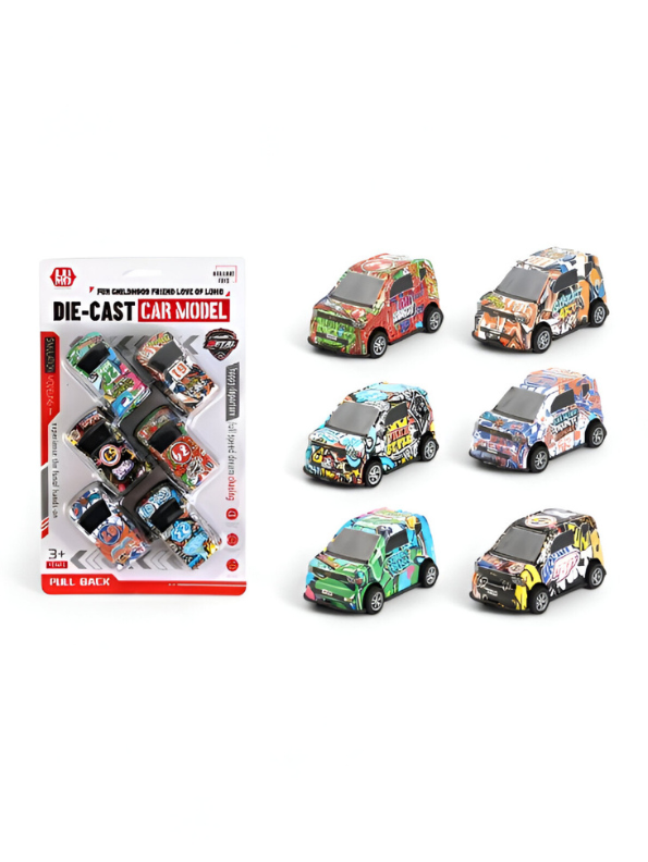 6-Pack Graffiti Die-Cast Mini Car Set | Pull Back Action Toy Vehicles for Kids LMI15772
