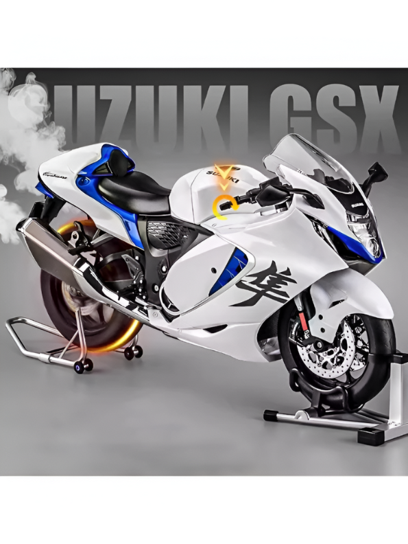 Suzuki Hayabusa GSX 1/6 Diecast Bike – Spray Feather, Collector’s Stand & Key Replica - White TV5904.