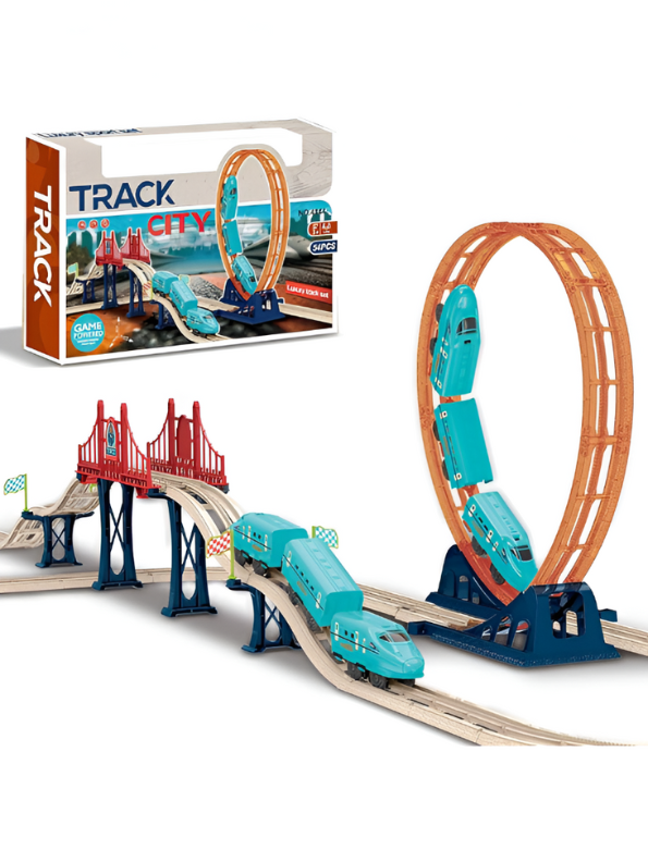 Wooden & Plastic Track Train Set with Two Vertical Loops | Loop-the-Loop Rollercoaster Train Toy LMI11808