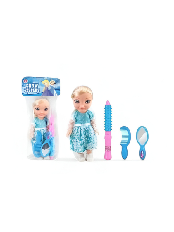 Snow Sisters Mini Princess Doll with Blue Dress | Hair Styling Play Set with Comb, Mirror, and Accessories LMI11754