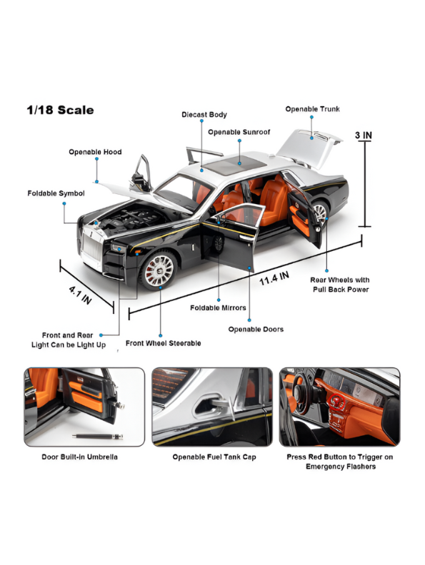 Rolls-Royce Phantom Diecast Model Car 1:18 Scale | Luxury Sedan Toy with Lights & Sound LMI15603