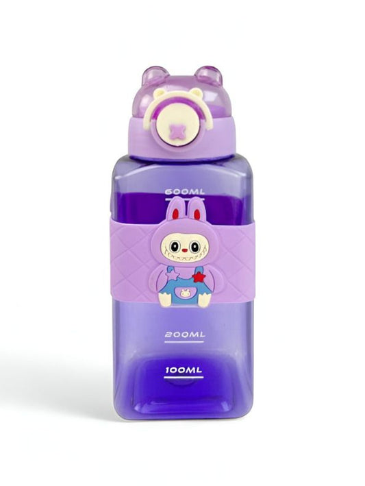 Labubu Inspired Kids' Water Bottle - Purple Square Shape with Cute Bunny Character & Bear Ears Lid  NOVHBC-1881346