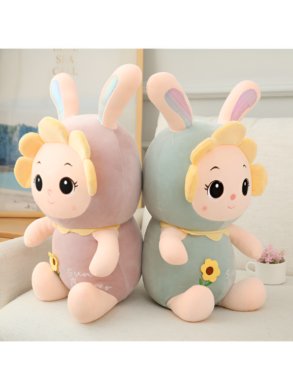 Green - Cuddly Long Ear Bunny Plushie | Soft & Huggable Rabbit Stuffed Animal for Kids | Unique Soft Toy with Sunflower Design LMI7973