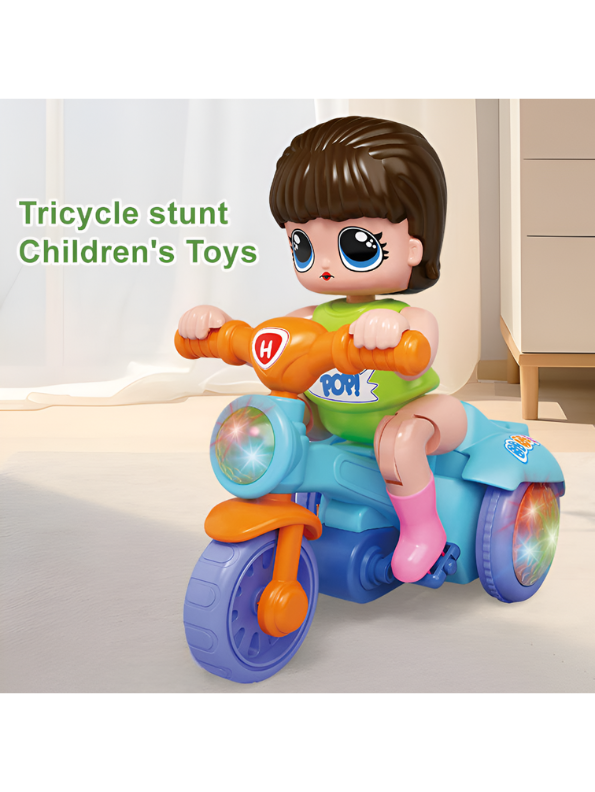 Green Musical Light-Up Stunt Motorcycle Toy for Kids | Bump and Go Tricycle Doll Rider MS12550